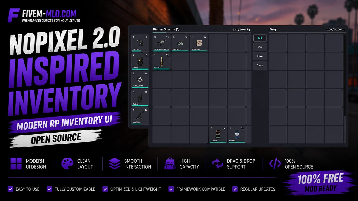 NoPixel 2.0 Inspired Inventory FiveM | Modern RP Inventory UI | Open Source